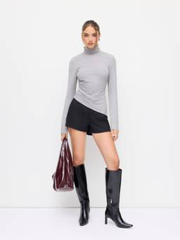 Cider - Ruched Women's High Neck Asymmetrical Hem Tee Grey