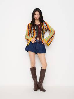 Cider - Knit Crochet Women's Colorblock Asymmetrical Neck Cardigan Multi-Color