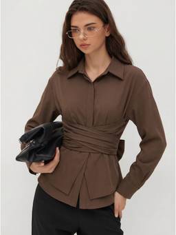 Cider - Wrap Ruched Bowknot Women's Collar Neck Blouse Brown