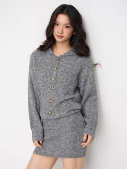 Cider - Knit Wool-blend Women's Round Neck Button Bodycon Mini Dress Grey