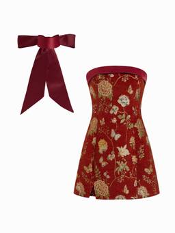 Cider - Jacquard Floral Women Bow Scarf Bandeau A-Line Mini Dress Burgundy