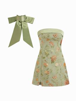 Cider - Jacquard Floral Women's Bandeau A-Line Mini Dress Light Green
