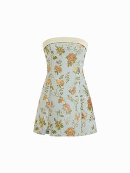 Cider - Jacquard Floral Women's Strapless Bandeau A-Line Mini Dress Blue