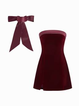 Cider - Jacquard Floral Women's Bandeau Bow Scarf A-Line Mini Dress Wine
