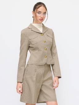 Cider - Plaid Women's Cinched Waist Notched Lapel Blazer Khaki