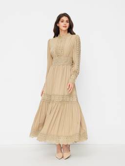 Cider - Contrasting Lace Women's High Neck Full Sleeve A-Line Maxi Dress Khaki