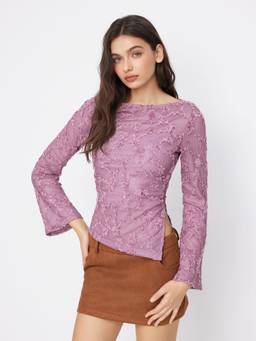 Cider - Lace Floral Women Asymmetrical Hem Split Top Purple
