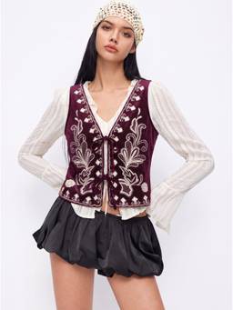 Cider - Velvet Women Embroidered V-Neck Vest Purple