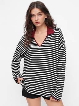 Cider - Striped Women's Sweetheart Neck Oversized Tee Black