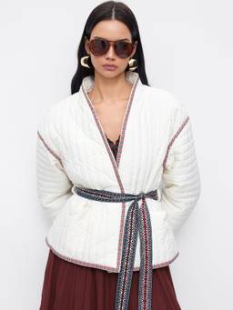 Cider - Contrasting Binding Women’s V-Neck Belted Puffer Jacket Beige