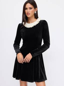 Cider - Velvet Collar Women Ruffle Trim A-Line Mini Dress Black