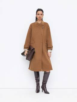Cider - Wool-look Women Funnel Neck Oversized Longline Coat Brown