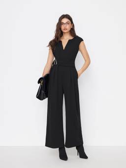 Cider - Metal Detail Women's V-Neck Wide-Leg Jumpsuit Black