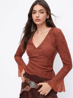 Cider - Jacquard Floral Women Ruched V-Neck Wrap Top Red