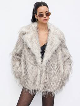 Cider - Shaggy Women's Faux Fur Collar Fringe Oversized Jacket Light Grey