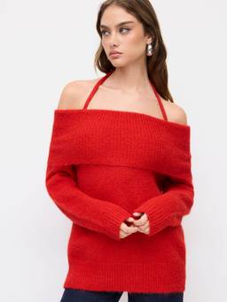 Cider - Knit Women's Oversized Halter Neck Long Sleeve Top Red
