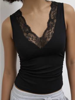 Cider - Cotton Blend Women Ruched Lace Trim V-Neck Tank Top Black