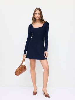 Cider - Knit U-Neck Women's Long Sleeve Flared Mini Dress Navy Blue