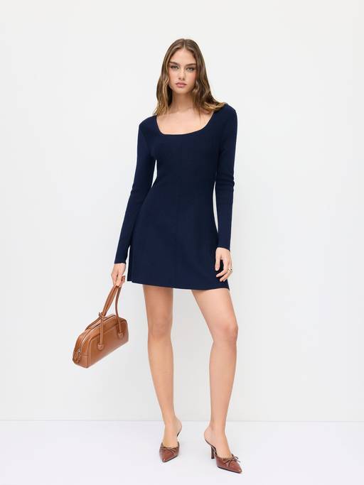 Buy Cider Knit U-Neck Women's Long Sleeve Flared Mini Dress Navy Blue (XS) Online