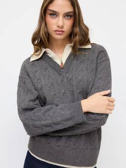 Cider - Cable Knit Women Two Tone Collar Neck Oversized Top Grey