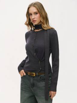 Cider - Knit Women's Button Cinched Waist Top Dark Grey