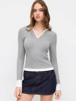 Cider - Two Tone Women V-Neck Full Sleeves Top Grey