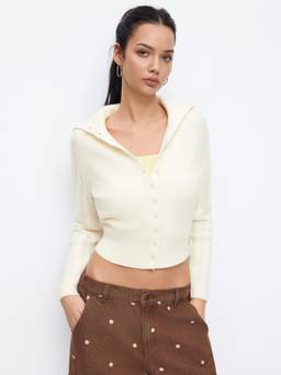 Cider - Knit Collar Women’s Hollow Out Button-Up Cardigan Cream