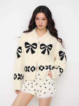 Cider - Bow Motif Women's Oversized Zip-Up Collar Cardigan White