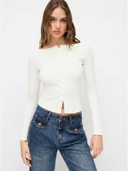 Cider - Women's Ribbed Button Front Boat Neck Top Cream