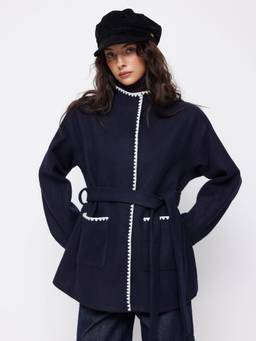 Cider - Wool-Look Women Stand Collar Oversized Belted Coat Navy Blue