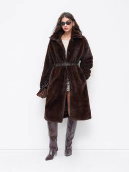 Cider - Faux Fur Collar Women's Belted Oversized Long Coat Brown