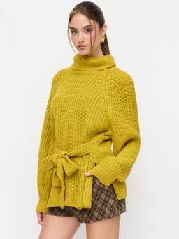Cider - Knit Women's Tie-Up High Neck Pullover Sweater Green