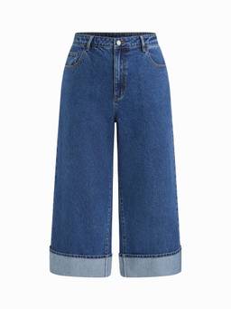Cider - Denim Women's High Rise Button Roll Hem Wide Leg Jeans Navy Blue