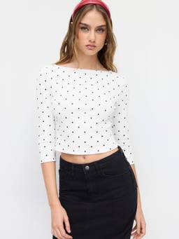 Cider - Cotton Blend Women Polka Dot Boat Neck Crop Top White