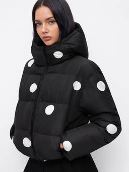 Cider - Polka Dot Women's Hooded Zip-Through Oversized Crop Puffer Jacket Black