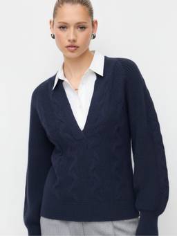 Cider - Cable Knit Women's Textured V-Neck Pullover Sweater Navy Blue