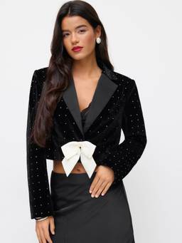 Cider - Velvet Women Rhinestone Bow Cropped Blazer Black