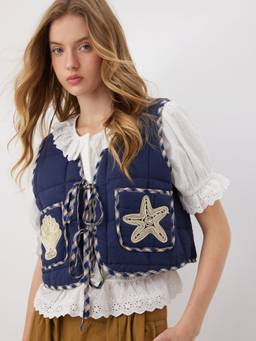 Cider - Star & Shell Women's Quilted Tie-Up Puffer Vest Navy Blue