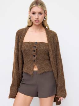 Cider - Two-Way Women's Wool Blend Oversized Open Front Cardigan Brown