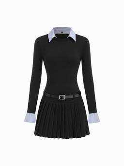 Cider - Knit Collar Women's Belted Pleated Knee Length Dress Black