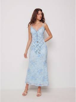 Cider - Floral Lace Women's Tie-Front Cami & Maxi Skirt Set Blue