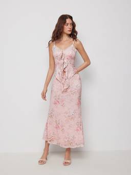 Cider - Floral Lace Trim Women Tie-Up Cami Skirt Set Pink