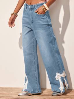 Cider - High Stretch Women’s Mid Rise Lace Bow Wide Leg Jeans Blue