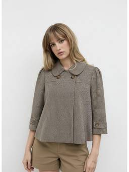 Cider - Jacquard Women's Houndstooth Peter Pan Collar Oversized Blouse Khaki
