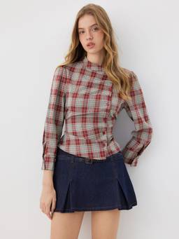 Cider - Plaid Women's Asymmetrical Stand Collar Blouse Burgundy