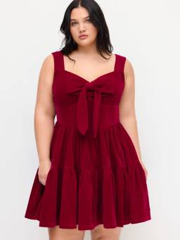 Cider - Velvet Women Sweetheart Neck Bow Tiered Ruffle Hem Mini Dress Wine