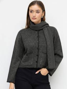 Cider - Knit Women's Oversized Button-Up Round Neck Cardigan Grey