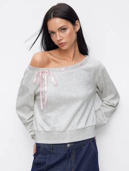 Cider - Cotton Blend Women's Oversized Asymmetrical Neck Sweatshirt Grey