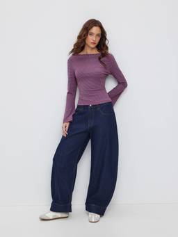 Cider - Striped Women's Boat Neck Bell Sleeve Top Purple