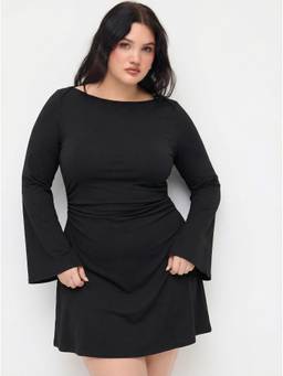 Cider - Cotton Blend Women Ruched Bell Sleeve Mini Dress Charcoal